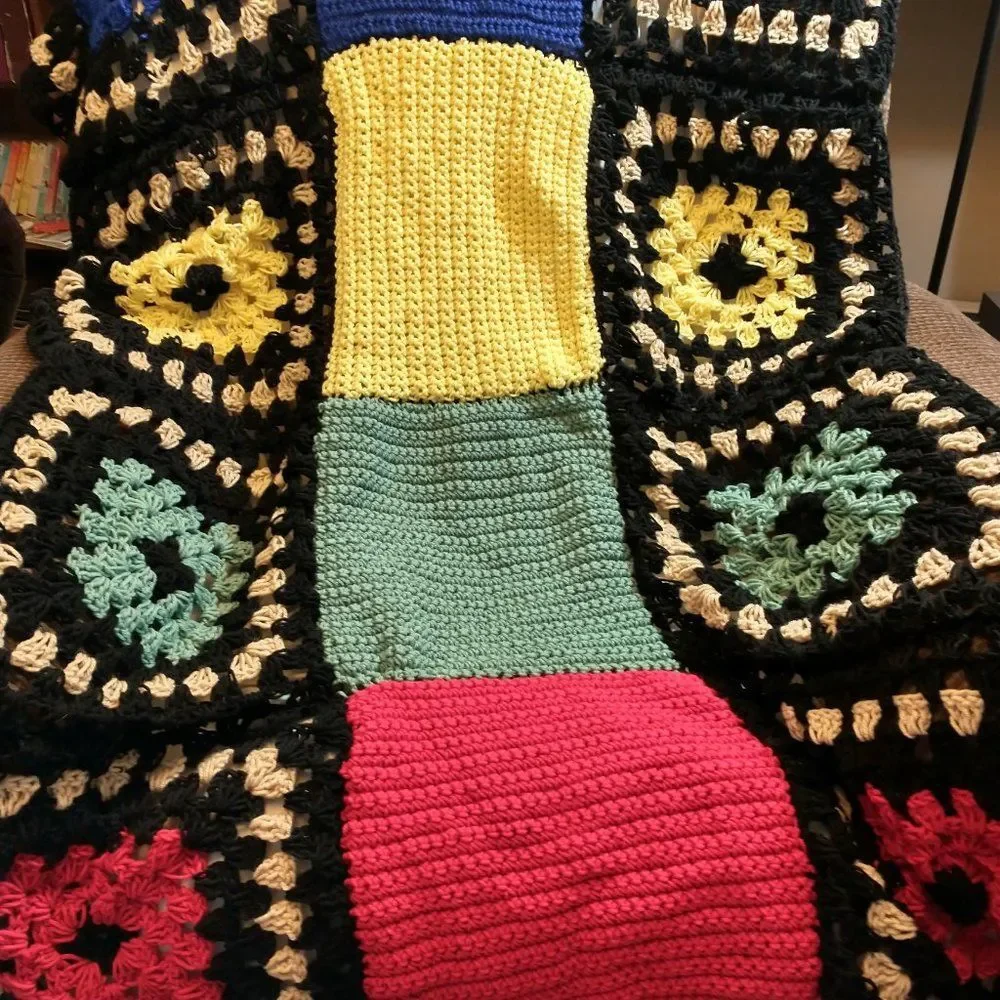 Hand Crafted Crochet Blanket Afghan Granny Square Twin X Long  Multi color 72x32